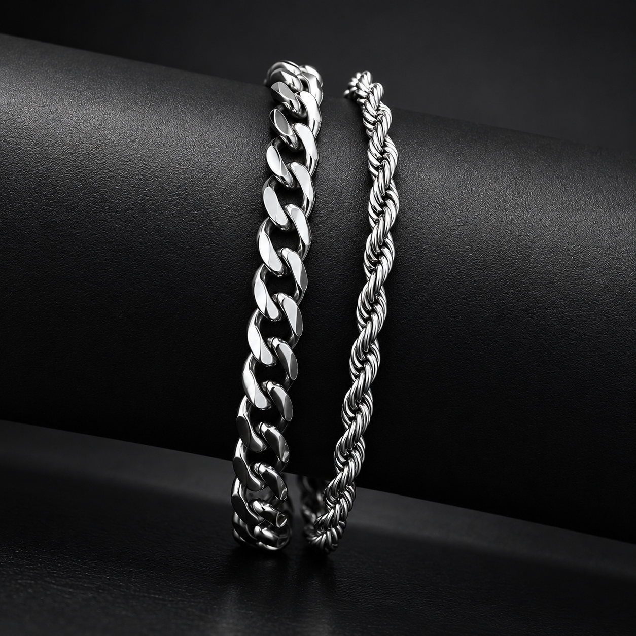 Silver Duo Bracelet Combo – Cuban & Rope Chain Set
