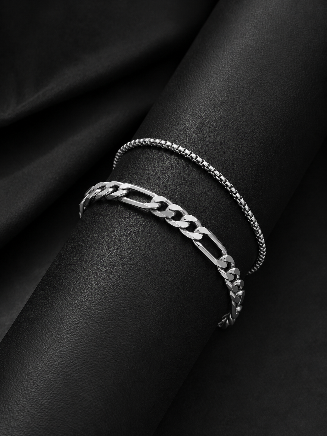 Silver Signature Stack – Figaro & Box Chain Bracelet Combo