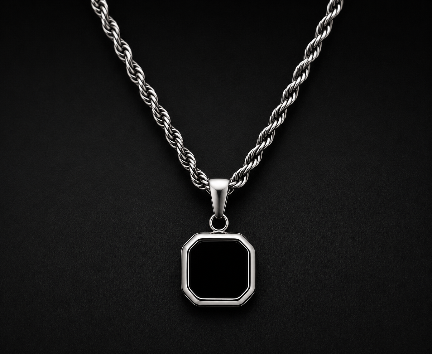 Onyx Square Pendant Necklace for Men – 4mm Rope Chain Stainless Steel