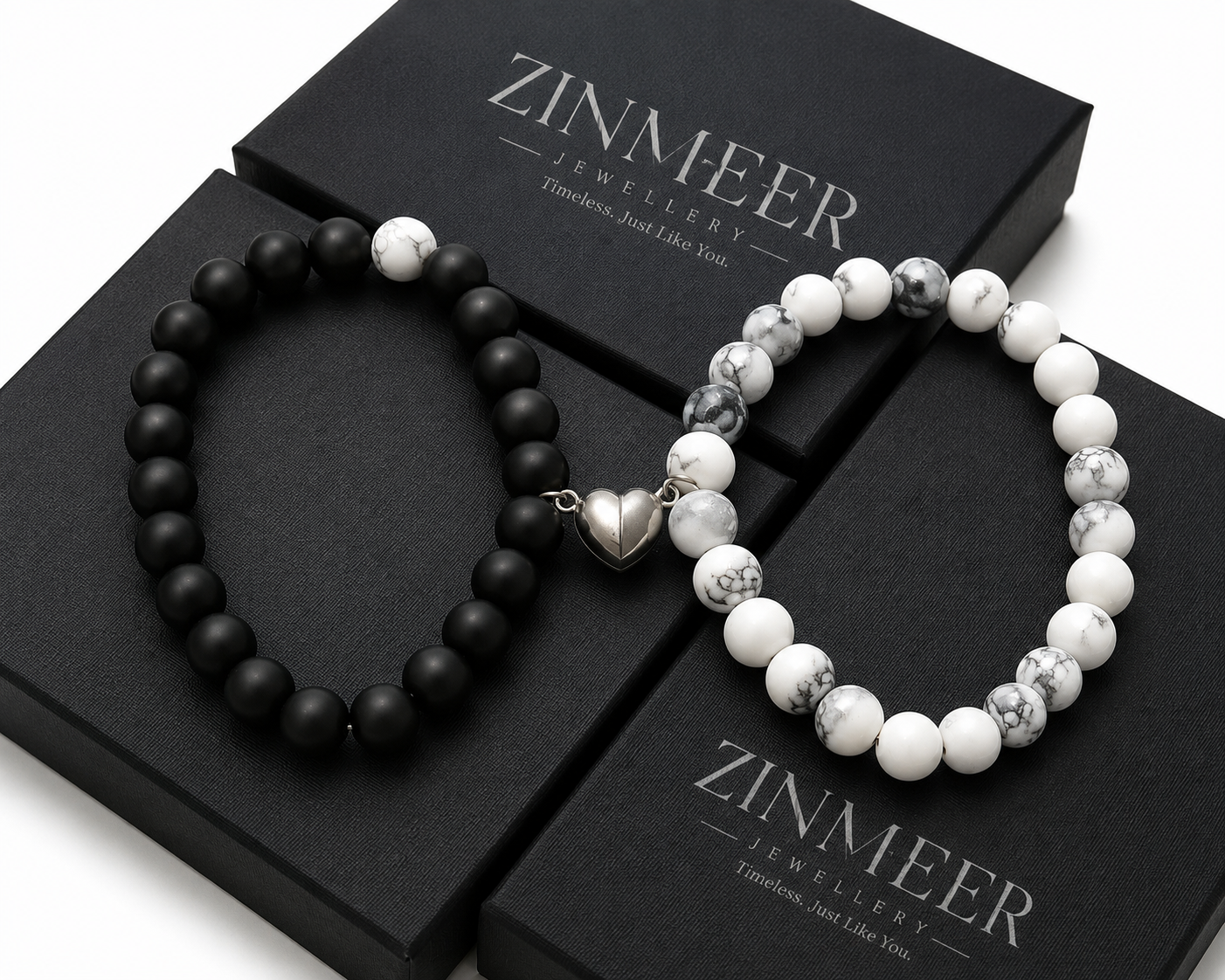 Yin Yang Couple Beaded Bracelet Set – Black & White Natural Stone Matching Bracelets | Stainless Steel Heart Charm