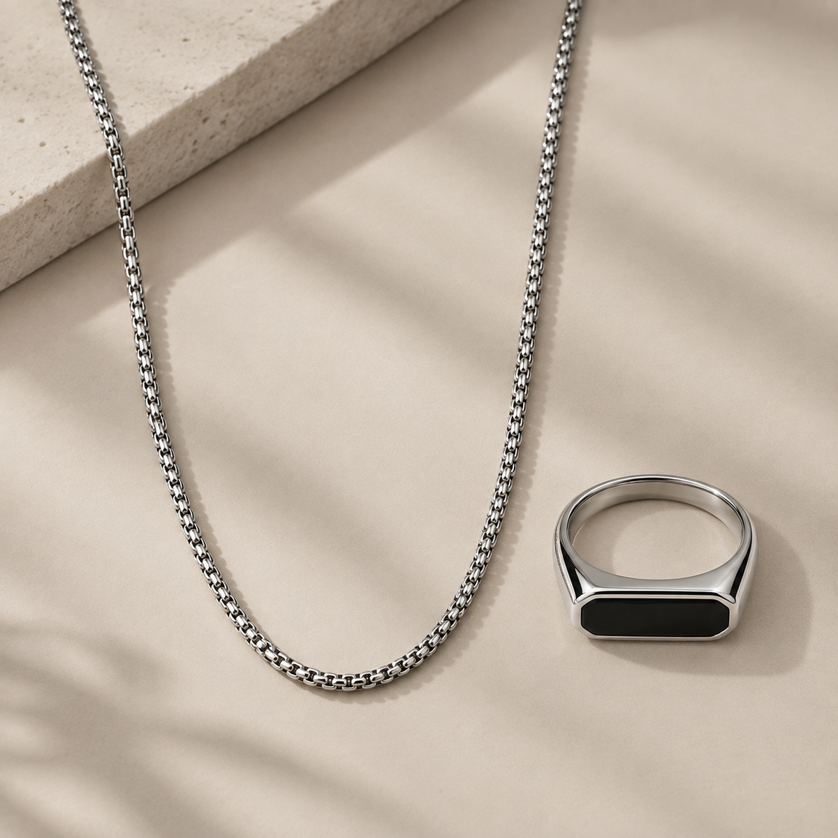 Stainless Steel Urban Box Chain & Black Signet Ring Combo