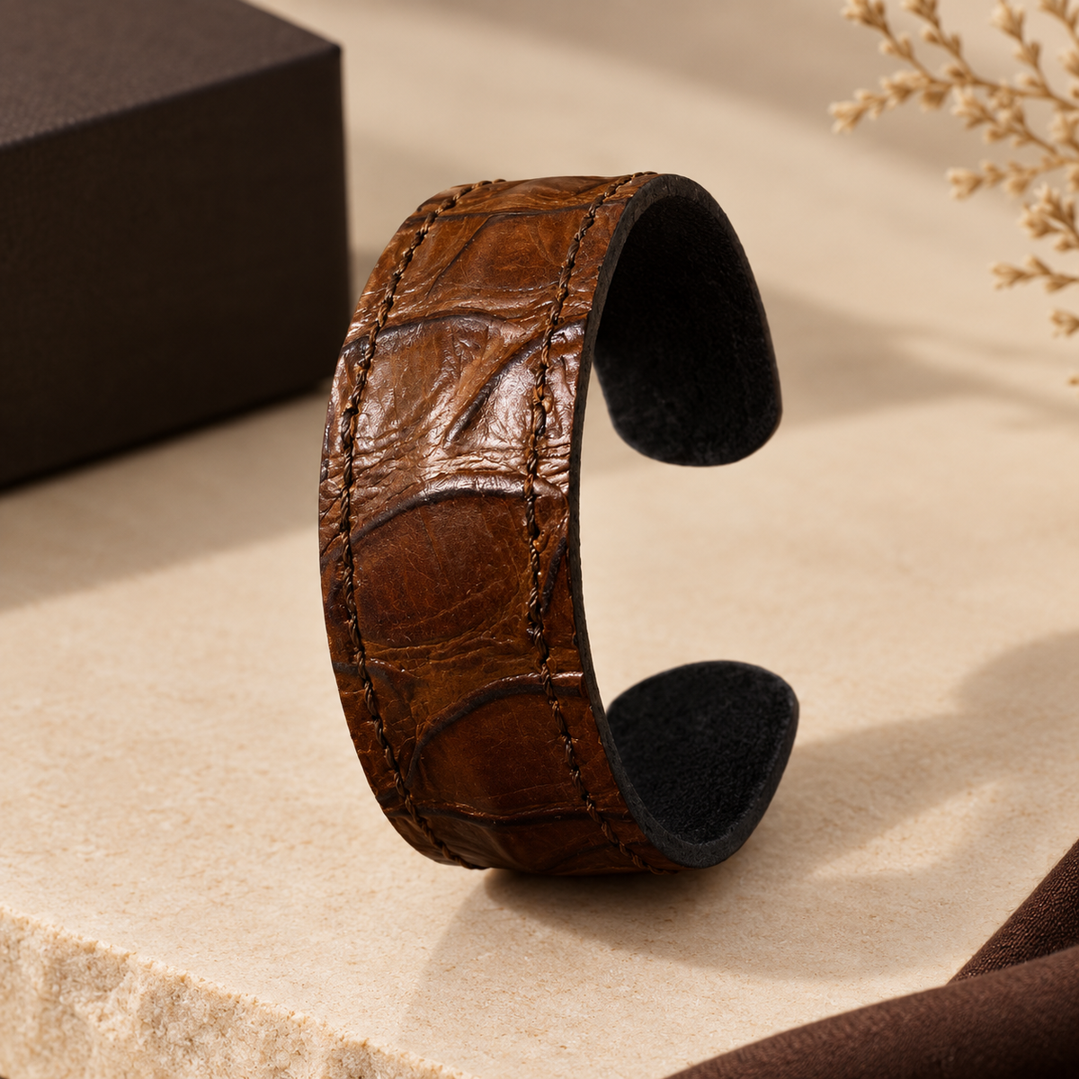 Handmade Crocodile Pattern Brown Cow Leather Cuff ( Adjustable )