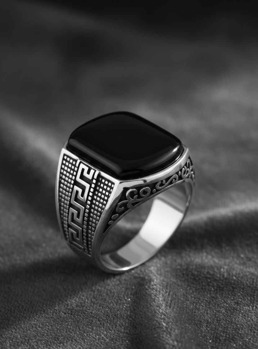 Zinmeer Royal Black Stone Engraved Ring