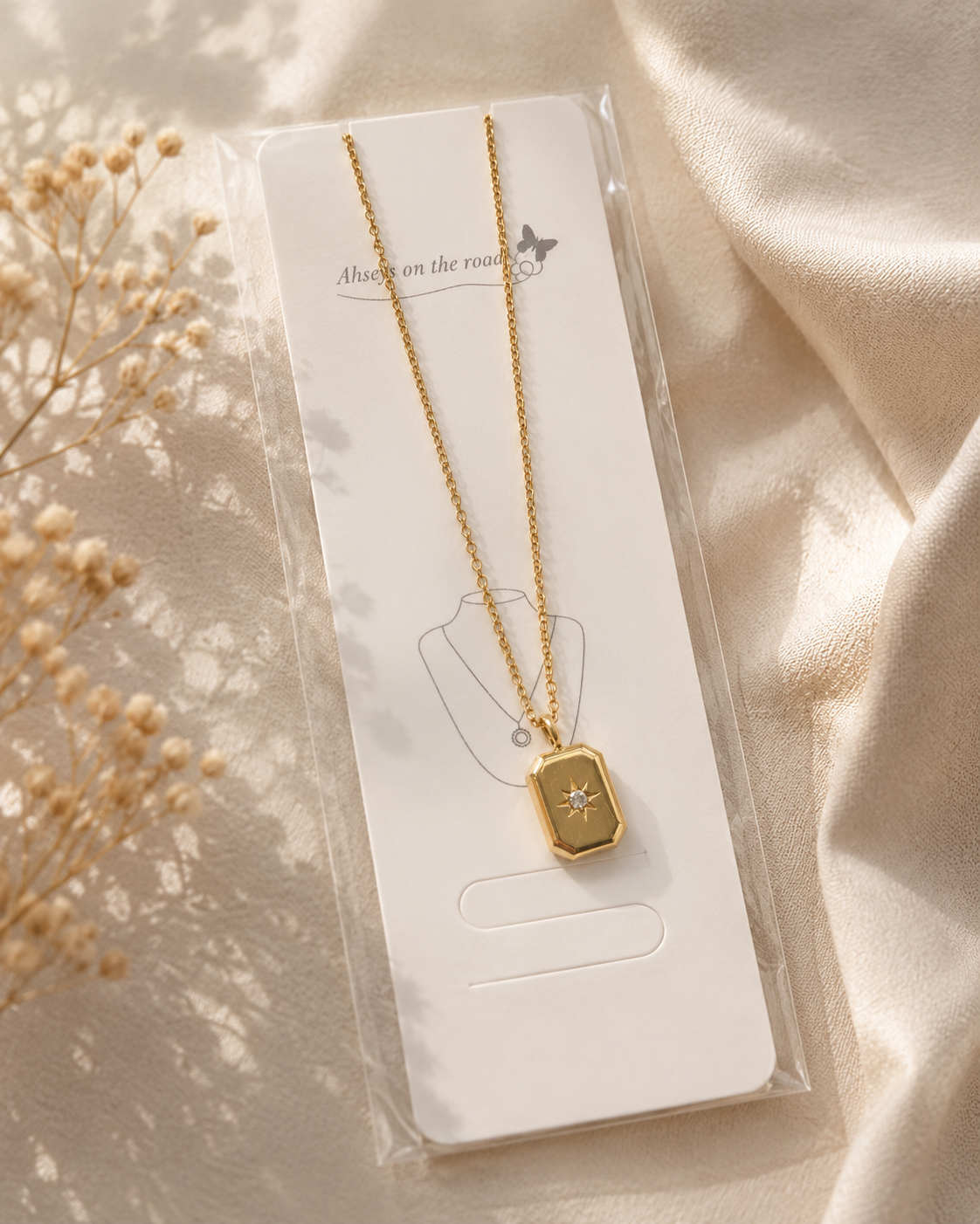 Zinmeerjewells gold chain necklace featuring a unique pinterest style pendant with a rectangular starburst signet design, highlighting premium anti tarnish jewelry Pakistan.