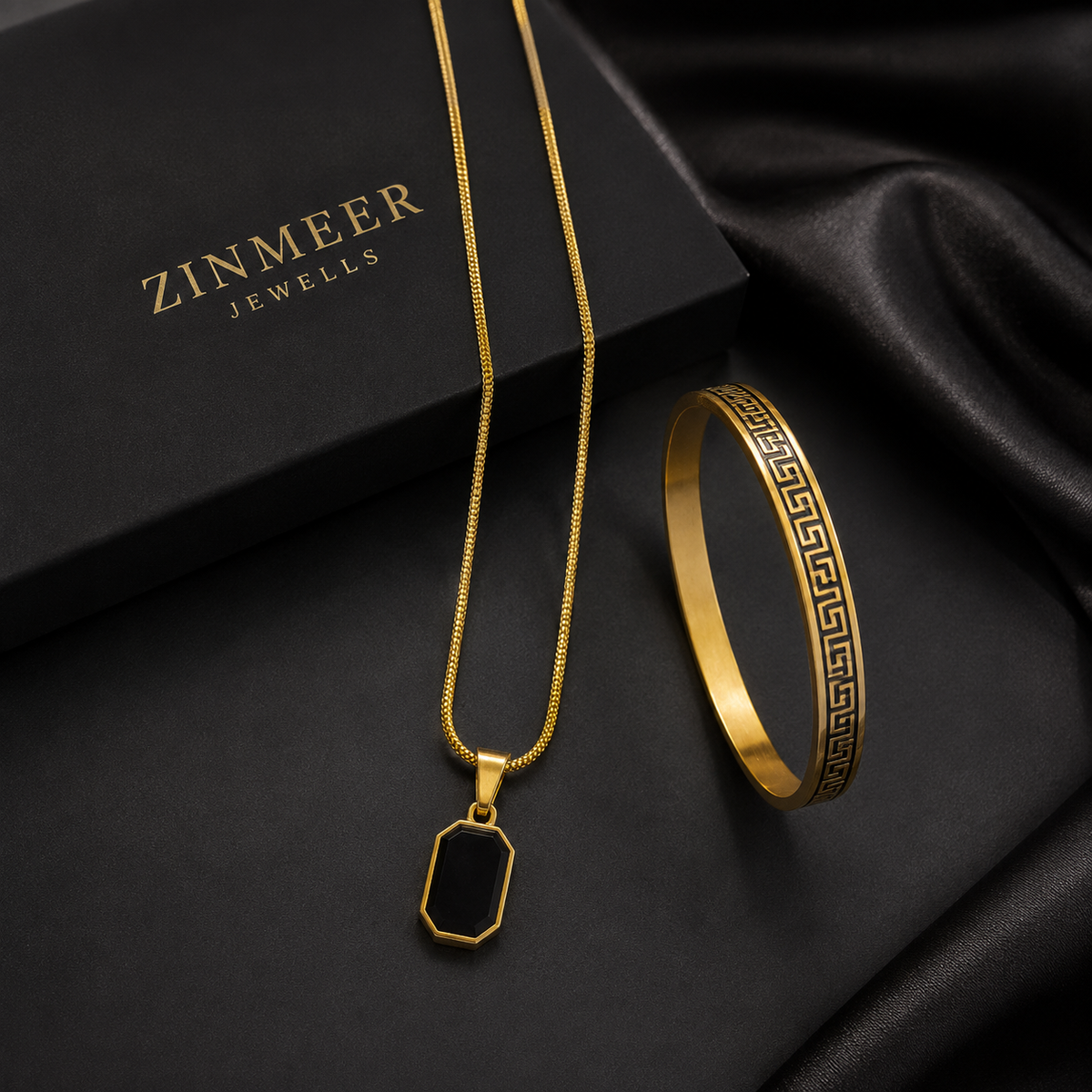 Men’s Black Obsidian Pendant & Olympic Cuff Bracelet Set