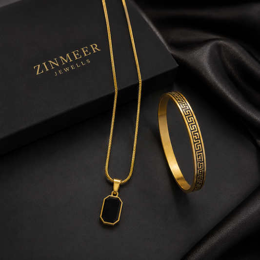 Men’s Black Obsidian Pendant & Olympic Cuff Bracelet Set