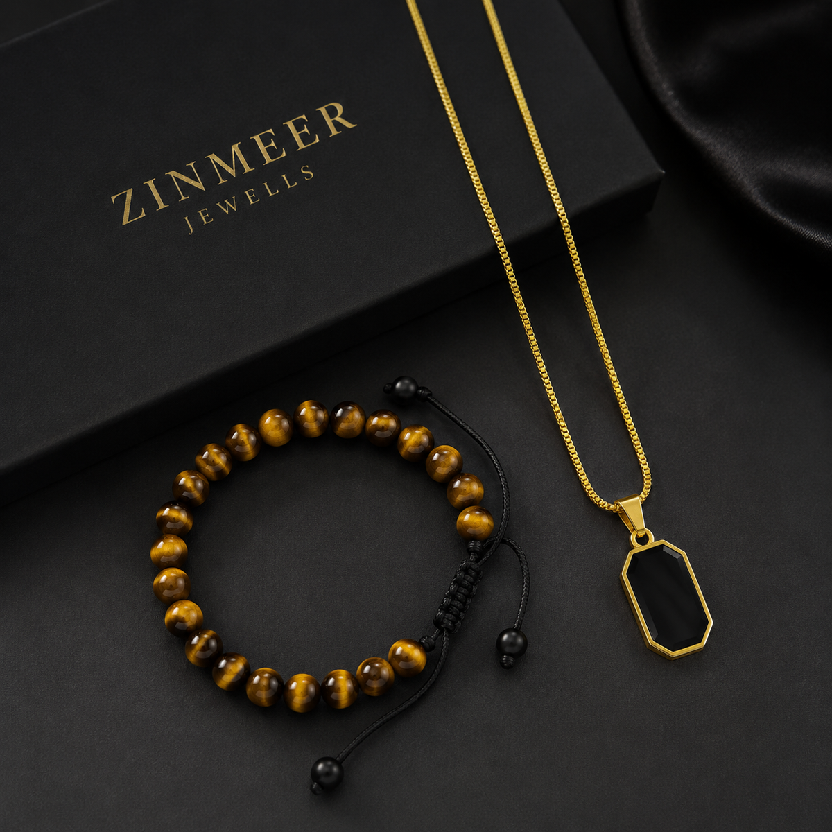 Men’s Tiger Eye Beaded Bracelet & Black Obsidian Pendant Set