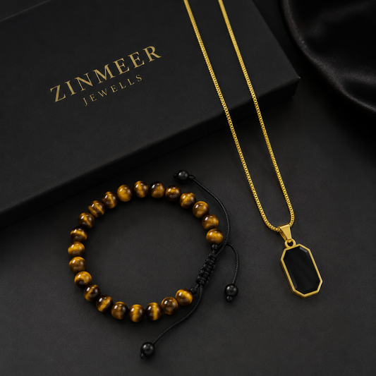 Men’s Tiger Eye Beaded Bracelet & Black Obsidian Pendant Set