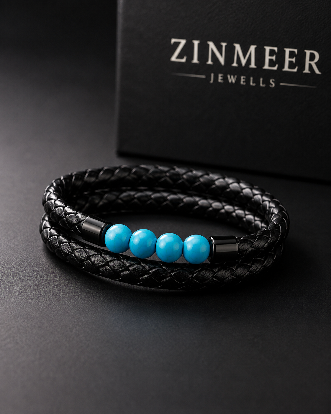 Men’s Black Braided Leather & Turquoise Bead Bracelet