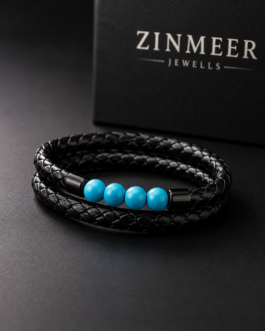 Men’s Black Braided Leather & Turquoise Bead Bracelet