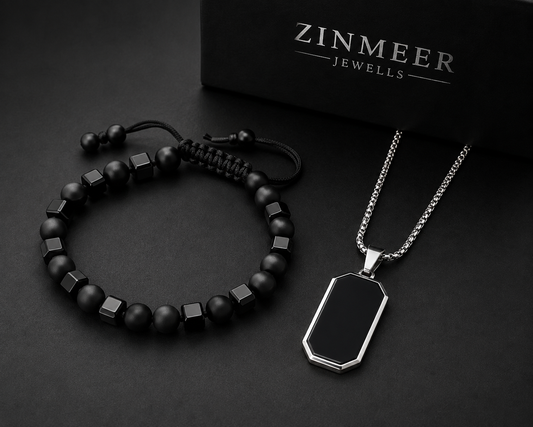 Men’s Obsidian Pendant & Black Beaded Bracelet Set