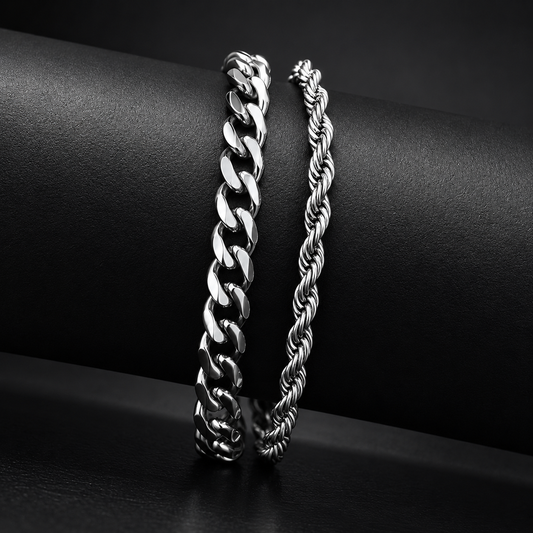 Silver Duo Bracelet Combo – Cuban & Rope Chain Set