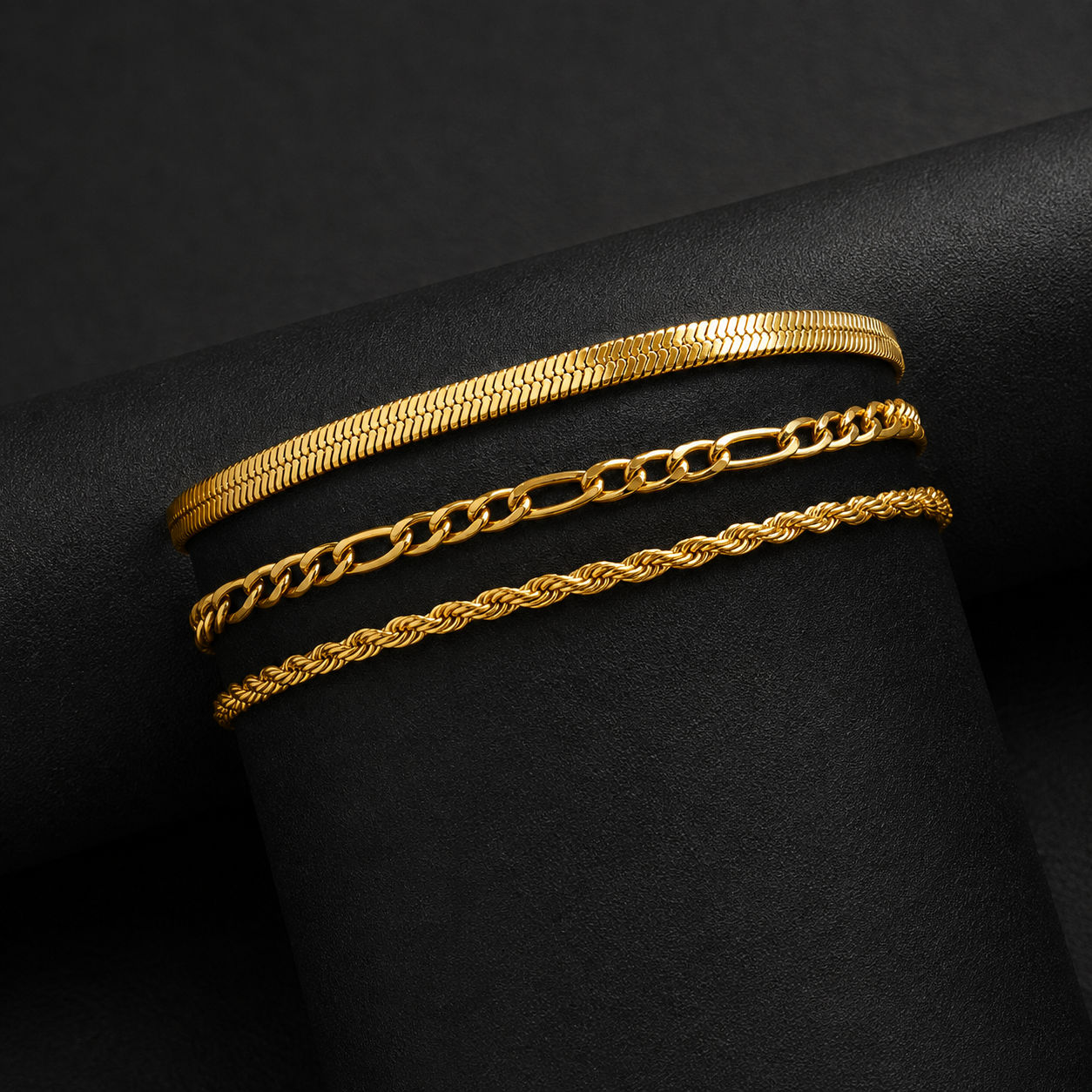 Golden Trio Bracelet Set – Herringbone, Figaro & Rope Bracelets
