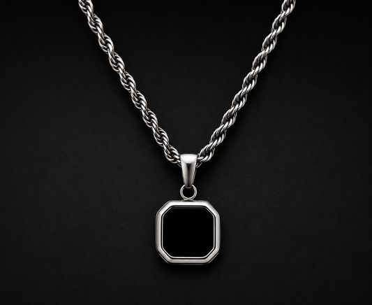 Onyx Square Pendant Necklace for Men – 4mm Rope Chain Stainless Steel