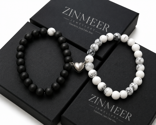 Yin Yang Couple Beaded Bracelet Set – Black & White Natural Stone Matching Bracelets | Stainless Steel Heart Charm