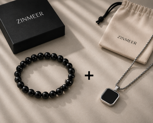 Black Essentials Combo – Stainless Steel Pendant Necklace & Black Beaded Bracelet Gift Set for Men