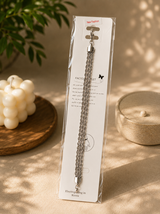 Zinmeerjewells triple rope chain silver bracelet for women, highlighting premium stainless steel tarnish-free artificial jewelry Pakistan.