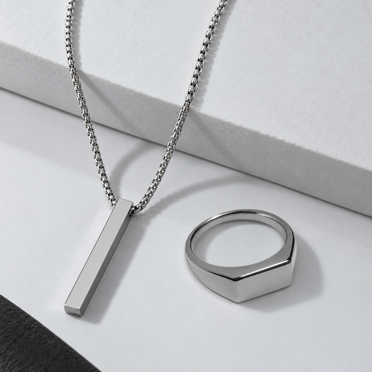 24-Inch Silver Bar Pendant Chain & Signet Ring Combo