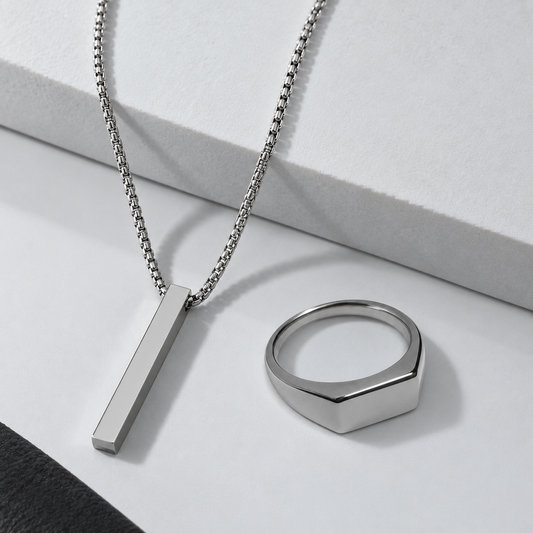 24-Inch Silver Bar Pendant Chain & Signet Ring Combo