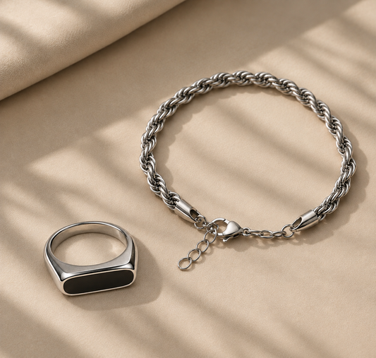 Stainless Steel Rope Bracelet & Black Signet Ring Combo
