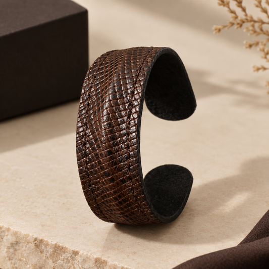 Handmade Snake Pattern Brown Cow Leather Cuff ( Adjustable )