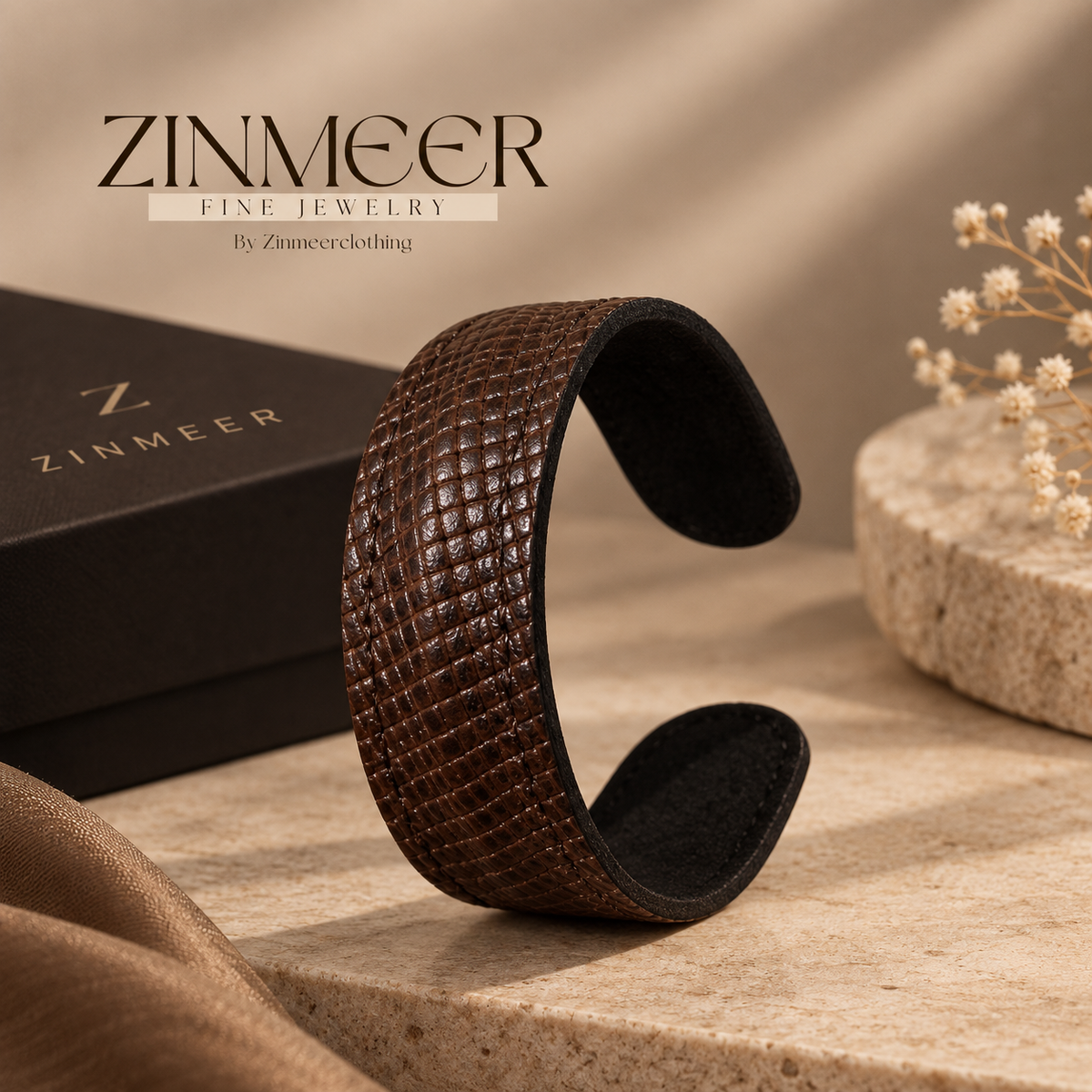 Handmade Snake Pattern Brown Cow Leather Cuff ( Adjustable )
