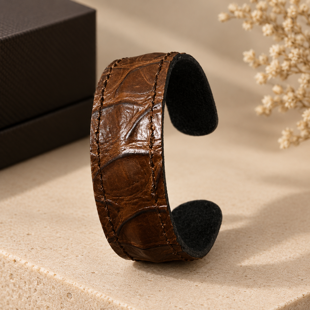 Handmade Crocodile Pattern Brown Cow Leather Cuff ( Adjustable )