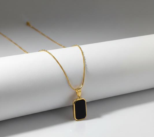 "Noir & Pearl" Rectangle Pendant Necklace