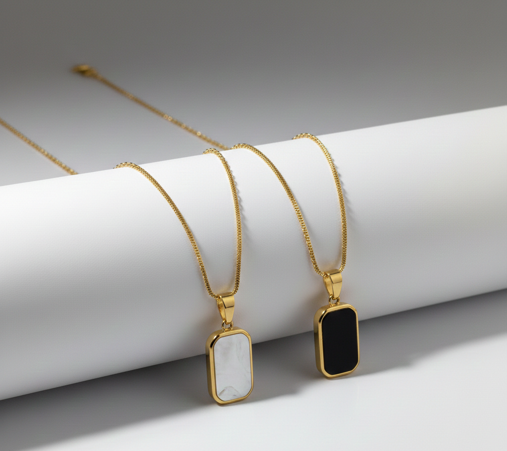 "Noir & Pearl" Rectangle Pendant Necklace