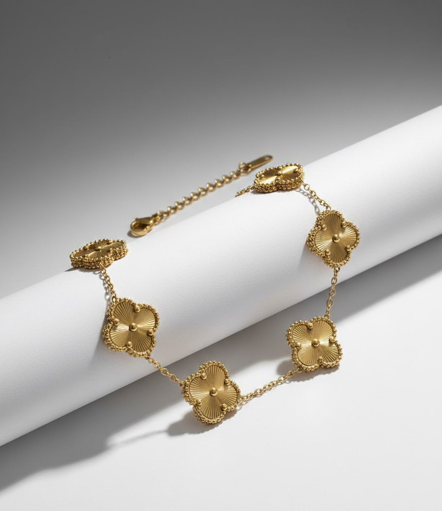 ZinmeerJewells Golden Radiance Guilloché Clover Bracelet