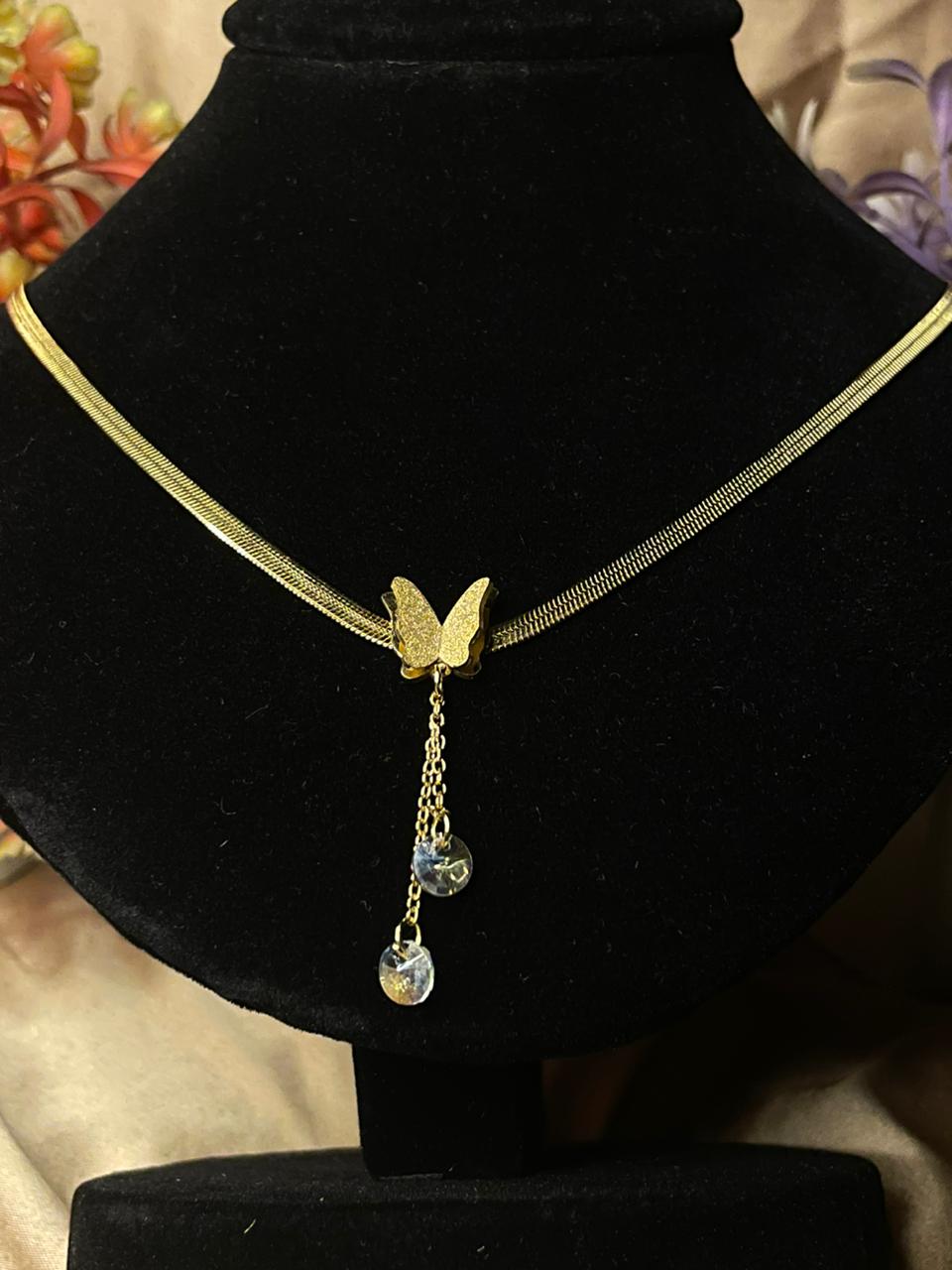 Golden Butterfly Crystal Drop Necklace