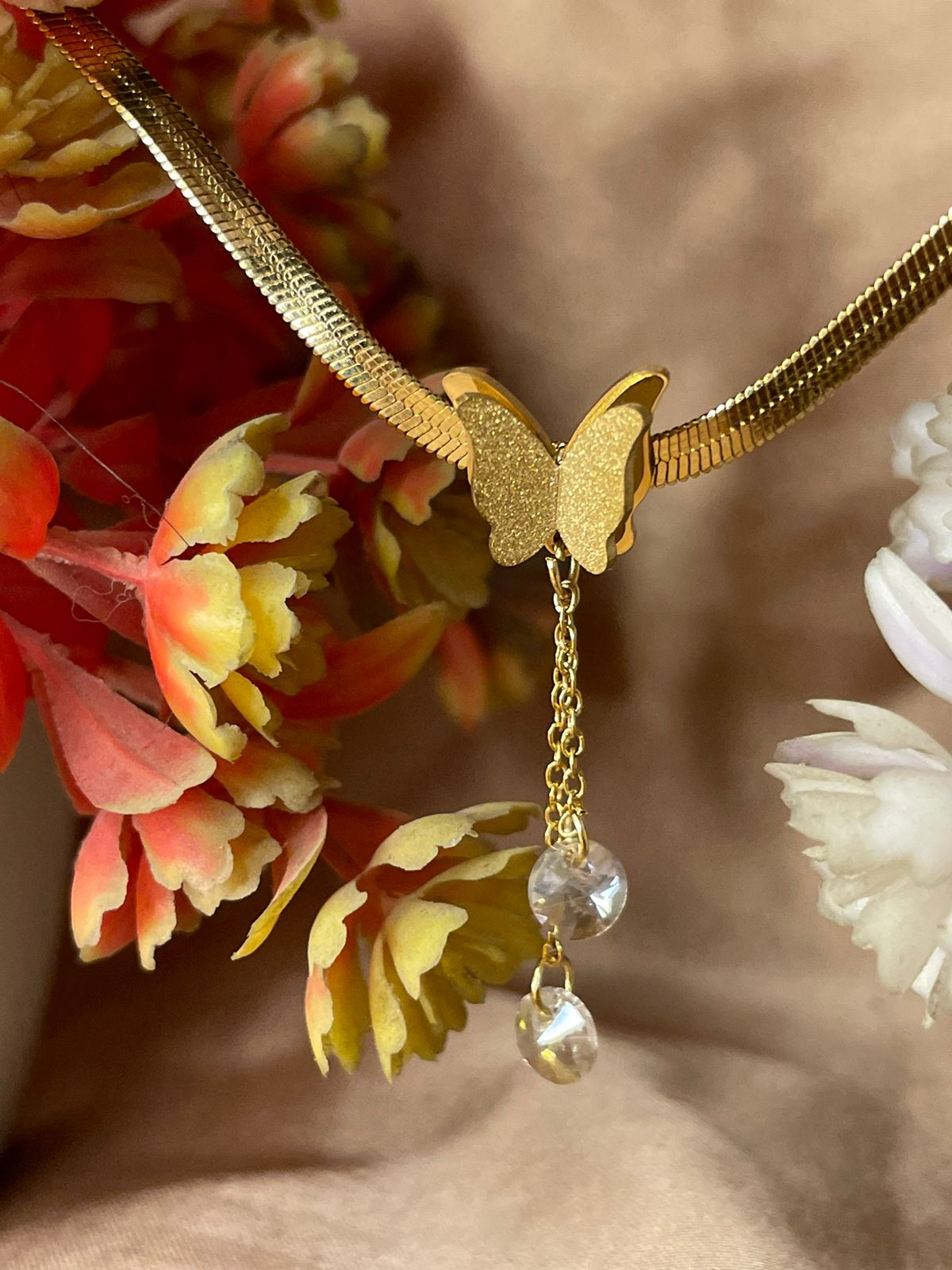 Golden Butterfly Crystal Drop Necklace