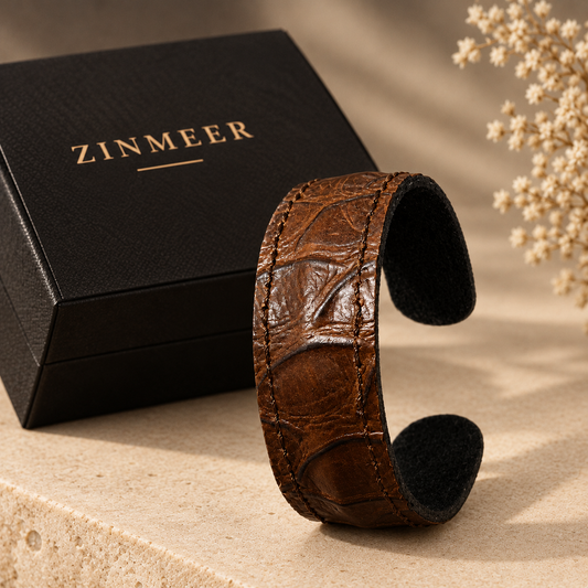 Handmade Crocodile Pattern Brown Cow Leather Cuff ( Adjustable )