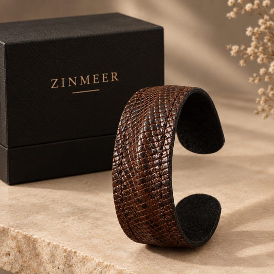 Handmade Snake Pattern Brown Cow Leather Cuff ( Adjustable )