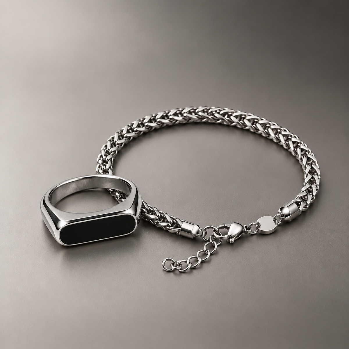 Foxtail Bracelet & Black Signet Ring Combo
