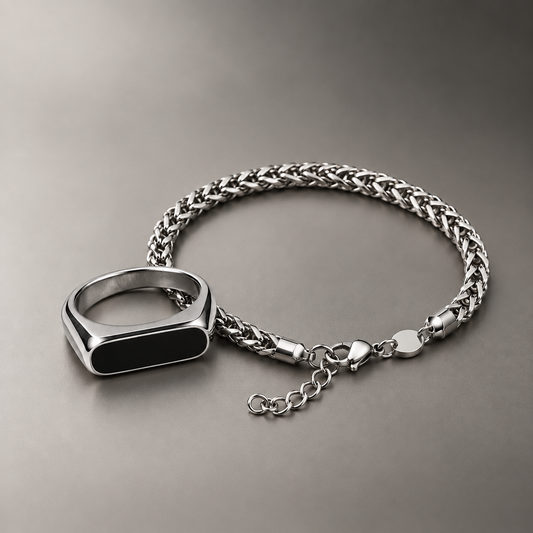 Foxtail Bracelet & Black Signet Ring Combo